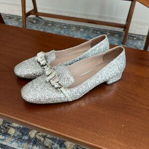 Miu Miu silver glitter rhinestone loafer square toe block heel pump 37.5